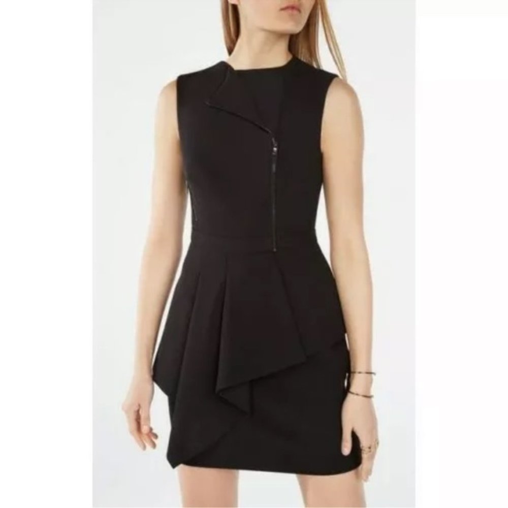 BCBGMaxAzria | Nikki Dress, Black Zippered Asymmetrical Peplum Dress, Sz 12